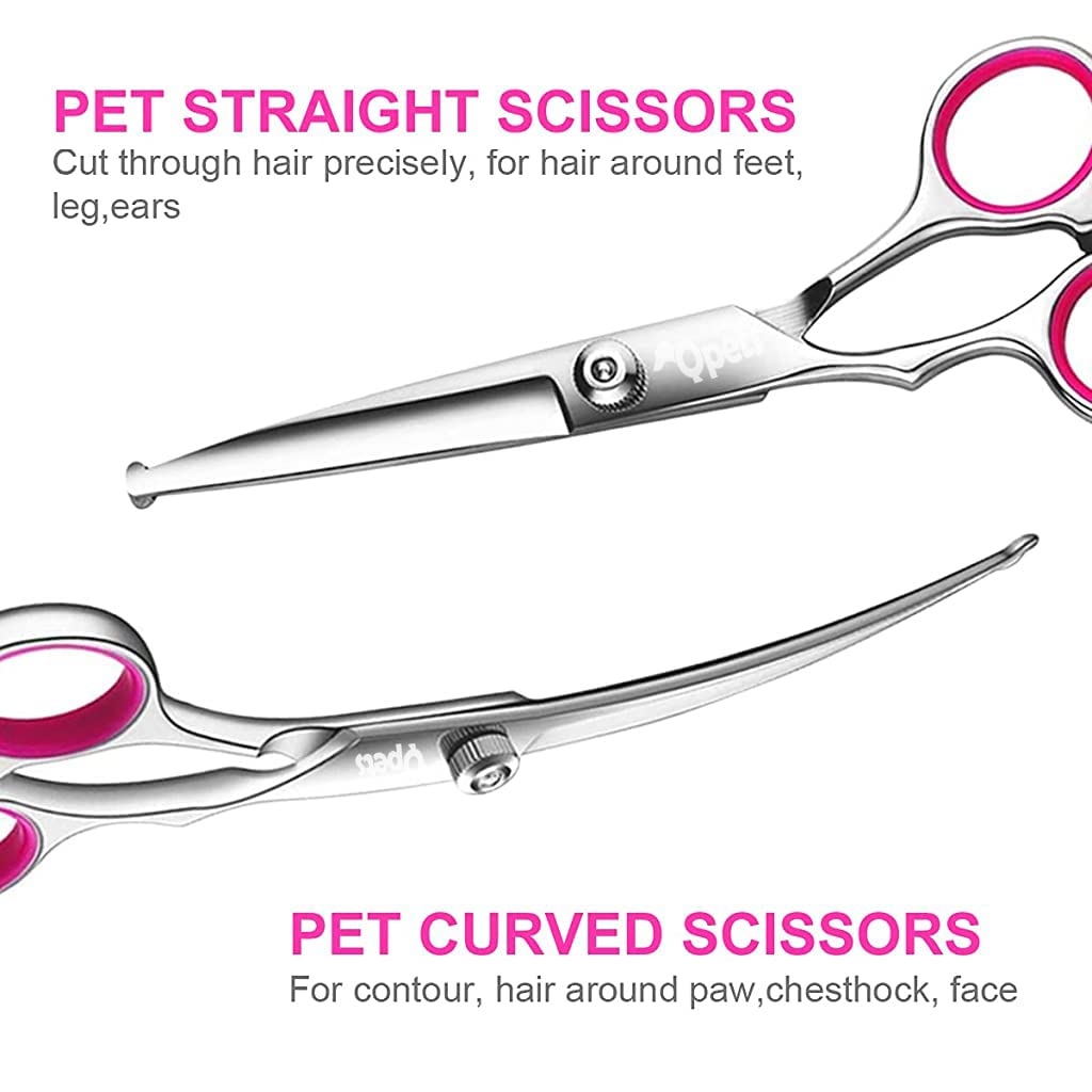 Qpets  Dog Grooming Scissors Kit with Safety Round Tips Stainless Steel Professional Dog Grooming Shears Set - Thinning, Straight, Curved Shears and Comb for Long Short Hair for Dog Cat Pet (4 PCS)