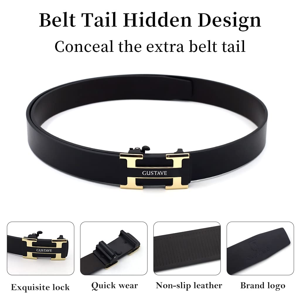 GUSTAVE Men's Belt for Business and Casual Wear featuring Auto Lock Buckle | 130cm Black Leather Strap