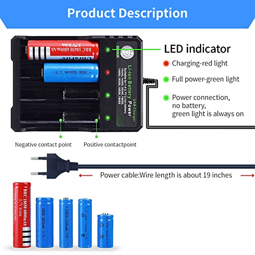 HASTHIP® 18650 Battery Charger 4 Bay Fast Charge, for 3.7V Li-ion TR IMR 10440 14500 16650 14650 18350 18500 16340(RCR123) Batteries, Intelligent Universal Rechargeable Battery Charger with AC Plug