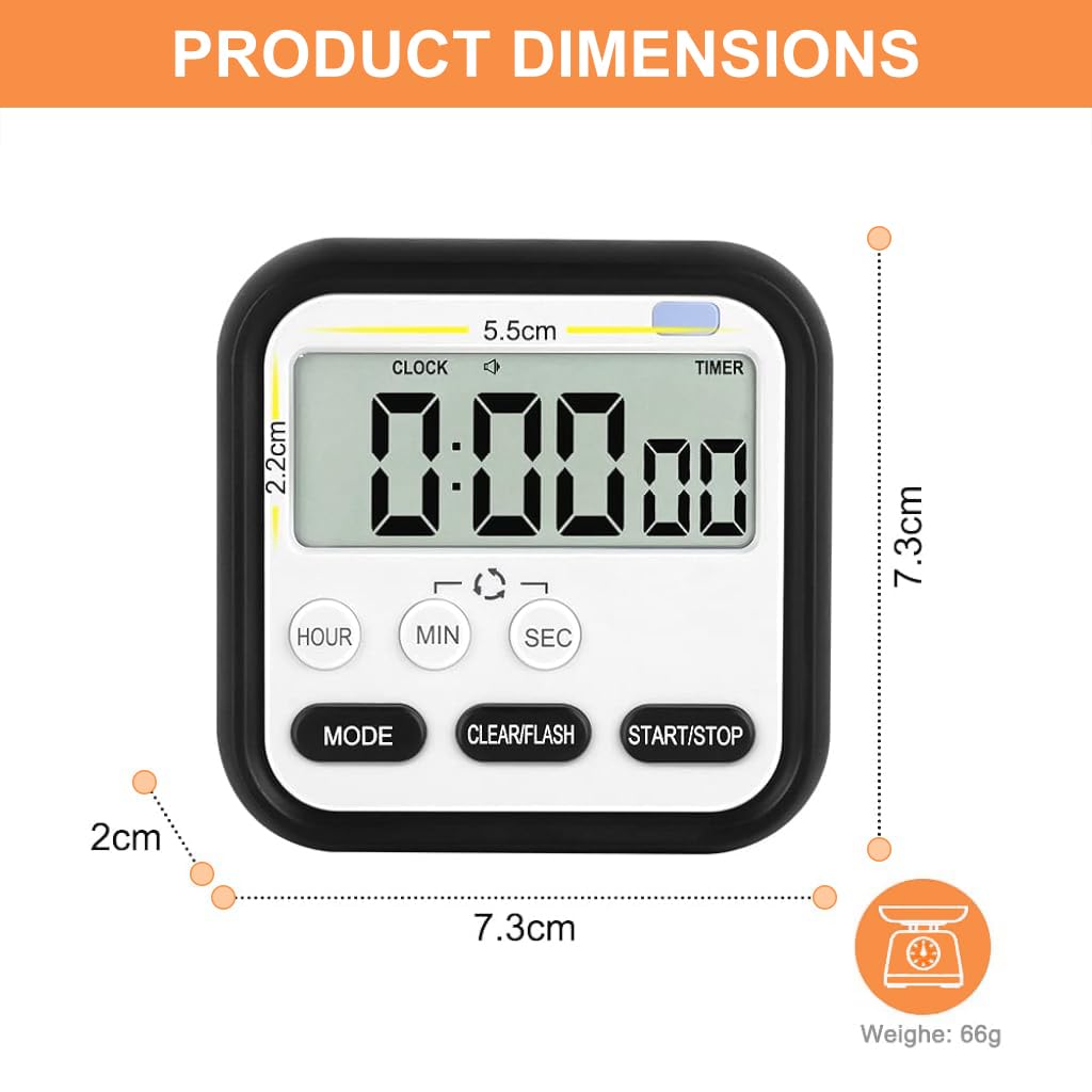 ZIBUYU® Kitchen Timer, Digital Visual Timer 24-Hours Clock Stopwatch Count-Up & Count Down Timer with Large LCD Screen Display Big Digits, Loud Alarm for Cooking, Shower, Bathroom, Kids, Teacher Black