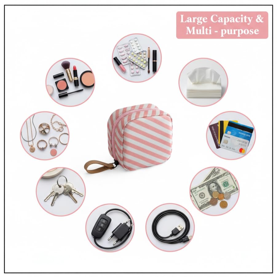 ZIBUYU Small Polyester Pouch for Travel and Cosmetics featuring Smooth Zipper | Pink Stripes 5 cm