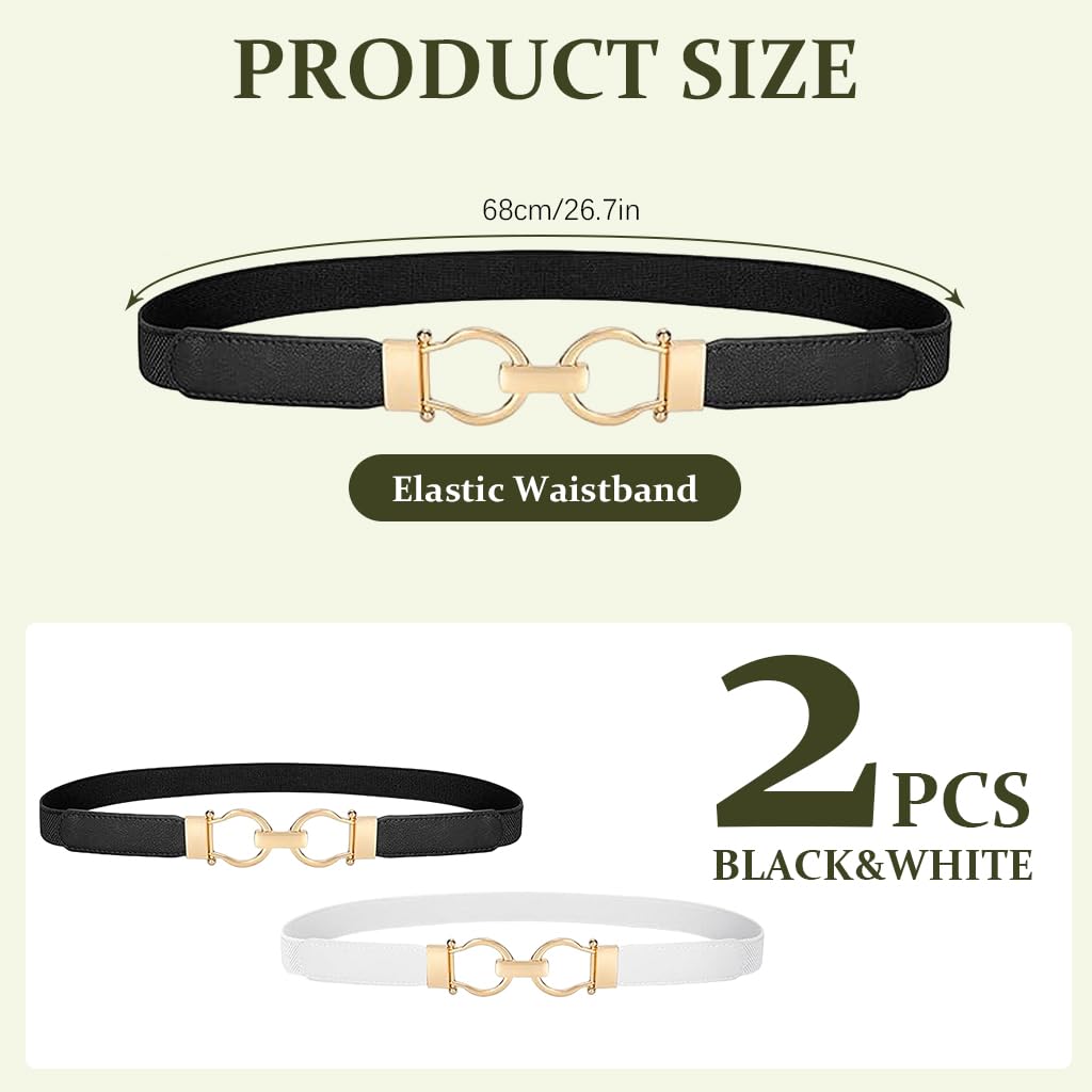 Venzina® 2Pcs Stretchy Belt for Womens, Skinny Womens Belt, Elastic Waist Belt for Women Dresses, Chic Gold Metal Buckle Belt for Dress, Shirt, Blazer, Sweater (Black & White)