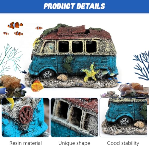 Qpets® Fish Tank Accessories Aquarium Decorative Vintage Resin Old Bus with Hiding Cave Engraving Seaweed Starfish for Fish Shrimp Betta 13x7.5x8CM 3PCS