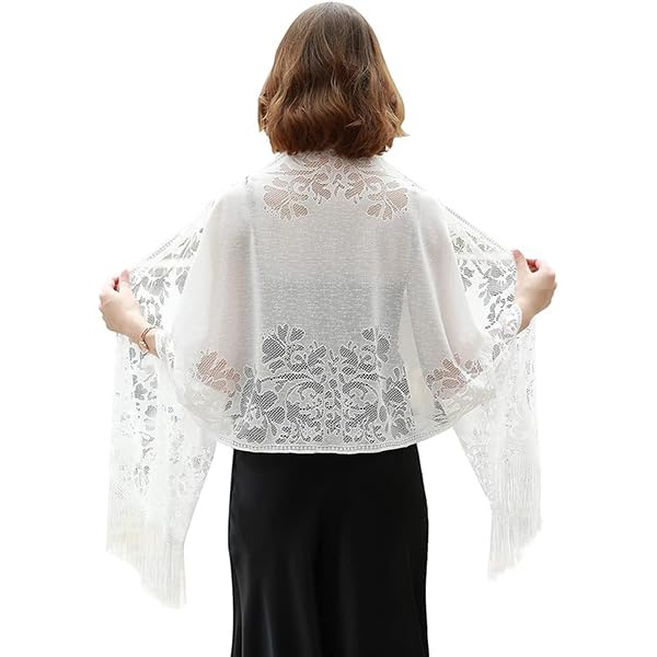 Venzina Lace Scarf Shawl for Evening Parties with Tassel and Floral Mesh 180x65cm White