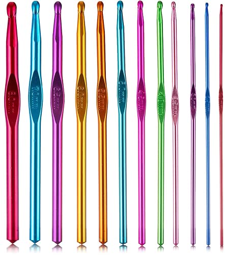 HASTHIP® Metal 12pcs Aluminum Crochet Hooks Set,Small to Large 2mm-8mm,Round Blunt Yarn Knitting Needles Tool Kit