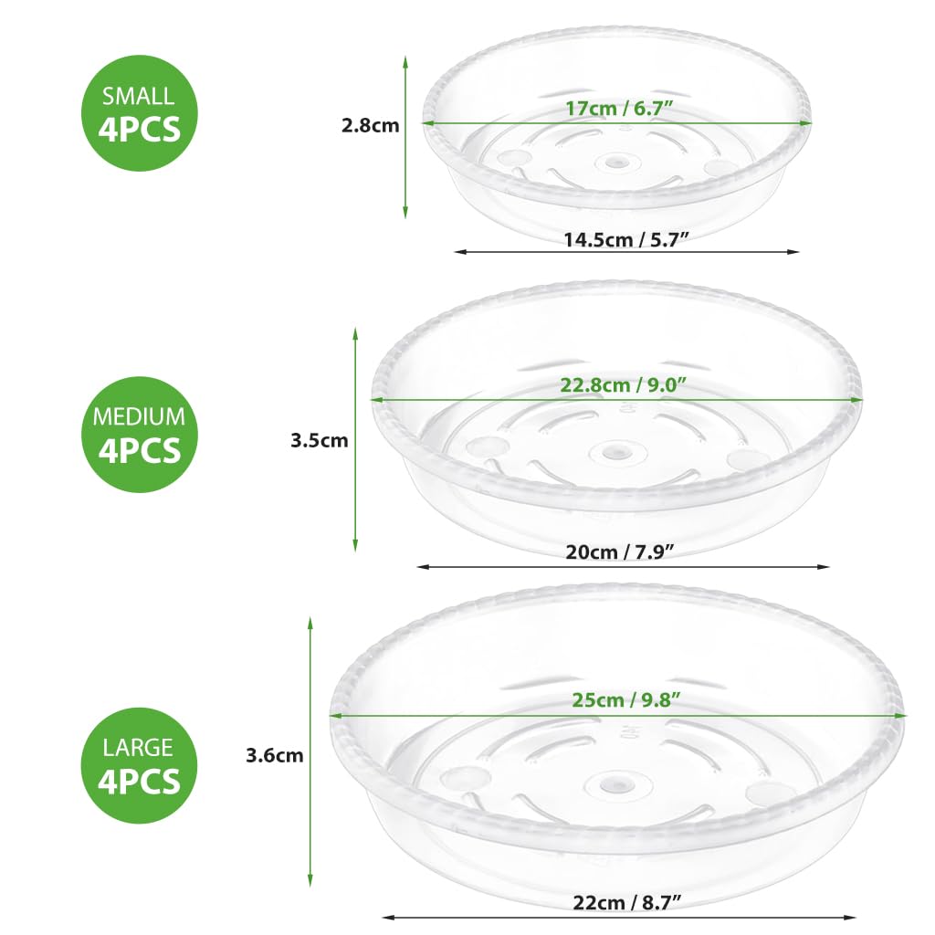 HASTHIP® 12pcs Plant Plates for Pots with Grooves, 4 Sizes Pots Drainage Tray for Plants, Reusable Round Plastic Plates for Plant Pots (6.7''/8.9''/9.8'')