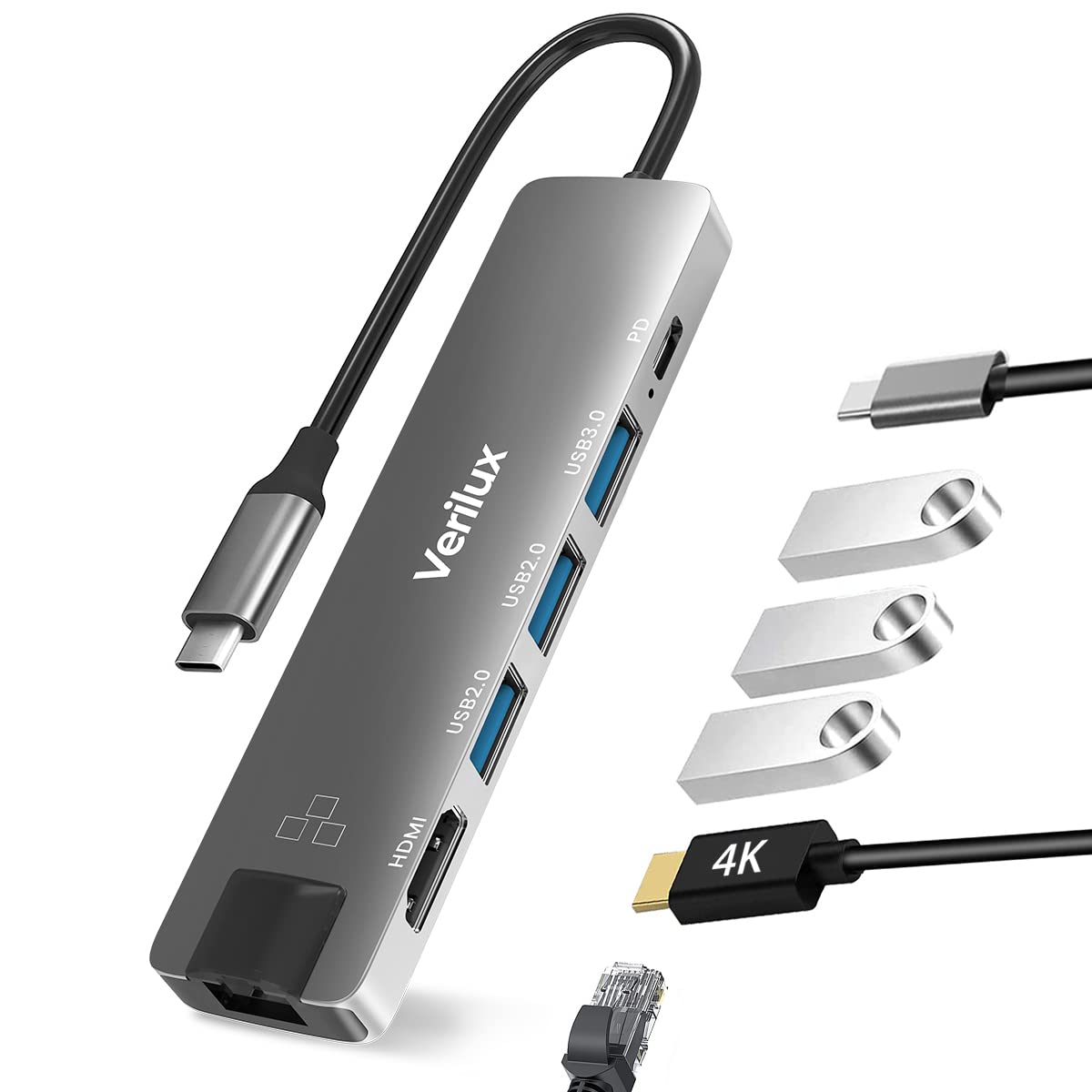 Verilux® 6 in 1 USB C Hub,Type C Hub with 4K HDMI Output, 55W PD Charging Port,100M Ethernet Hub,1 USB 3.0, 2 USB 2.0 USB C Hub for MacBook Air M1, MacBook Pro, Switch,and More Type-C Enabled Device