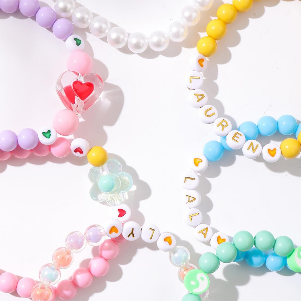 SANNIDHI Colorful Beaded Bracelets Set for Girls with Flower Heart and Rainbow Charms | 7 Pcs Elastic Acrylic Jewelry Gift for Ages 6–12