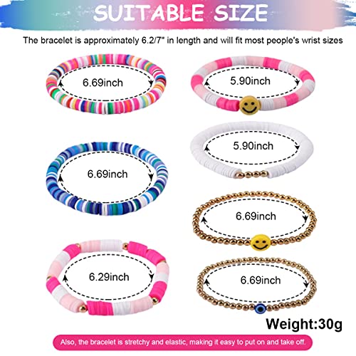 SANNIDHI® 7Pcs Beads Bracelet for Girls Colorful Happy Smile Boho Beaded Bracelets Set Y2K Summer Beach Clay Jewelry for Girls