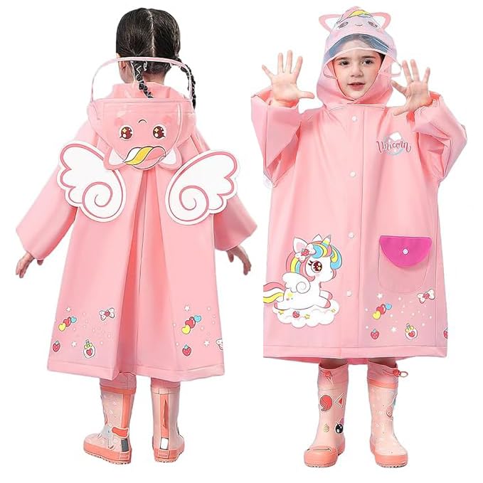 SNOWIE SOFT® Hooded Raincoat for Kids Wide Brim Hooded Raincoat EVA Knee Length Raincoat with Storage Bag  Cartoon Unicorn Print Raincoat for Kids 3-4 Years Old, M, Recommended Height 85-105cm