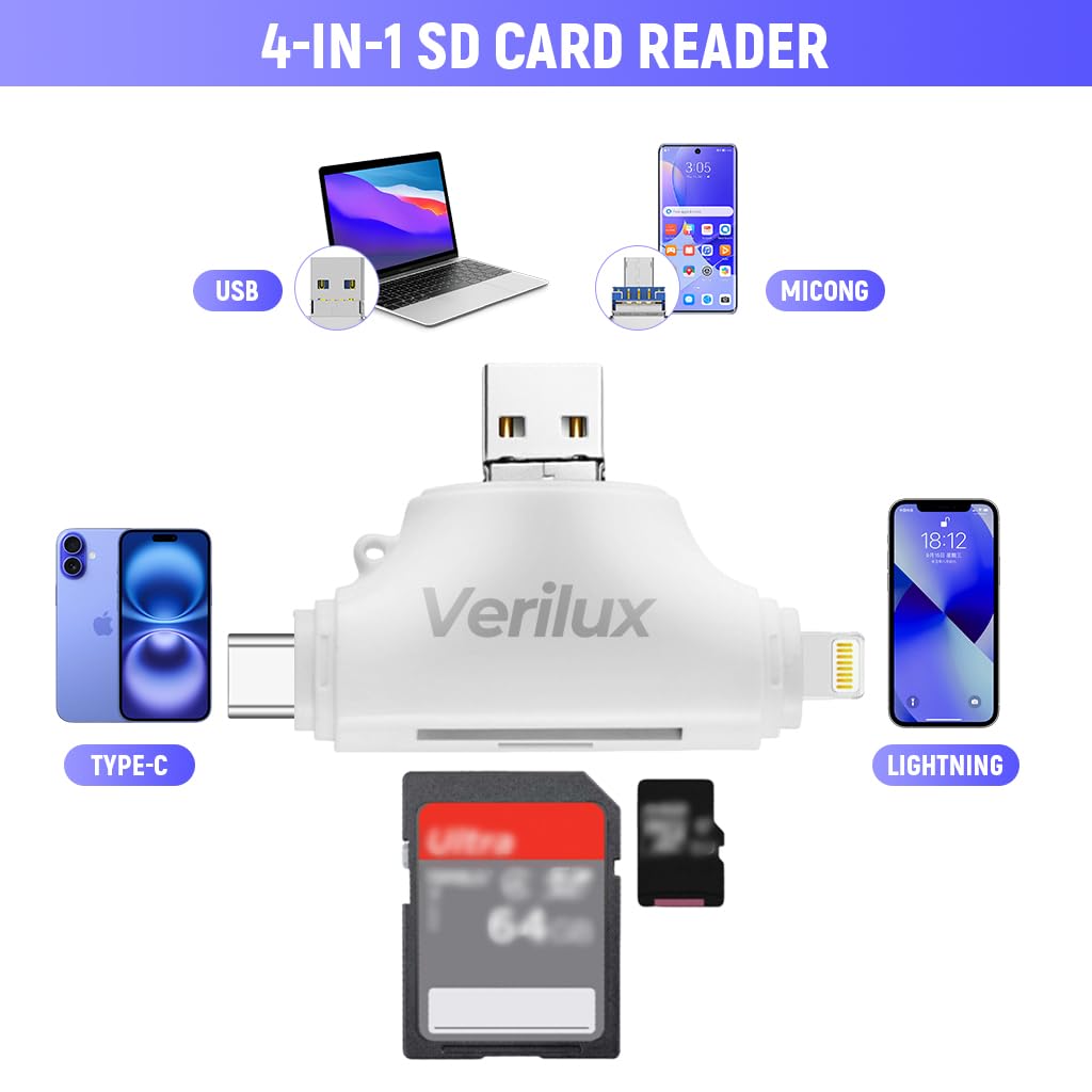 Verilux SD Card Reader for iPhone and Android with 4 Connectors and TF SD Slots | High Speed Data Transfer
