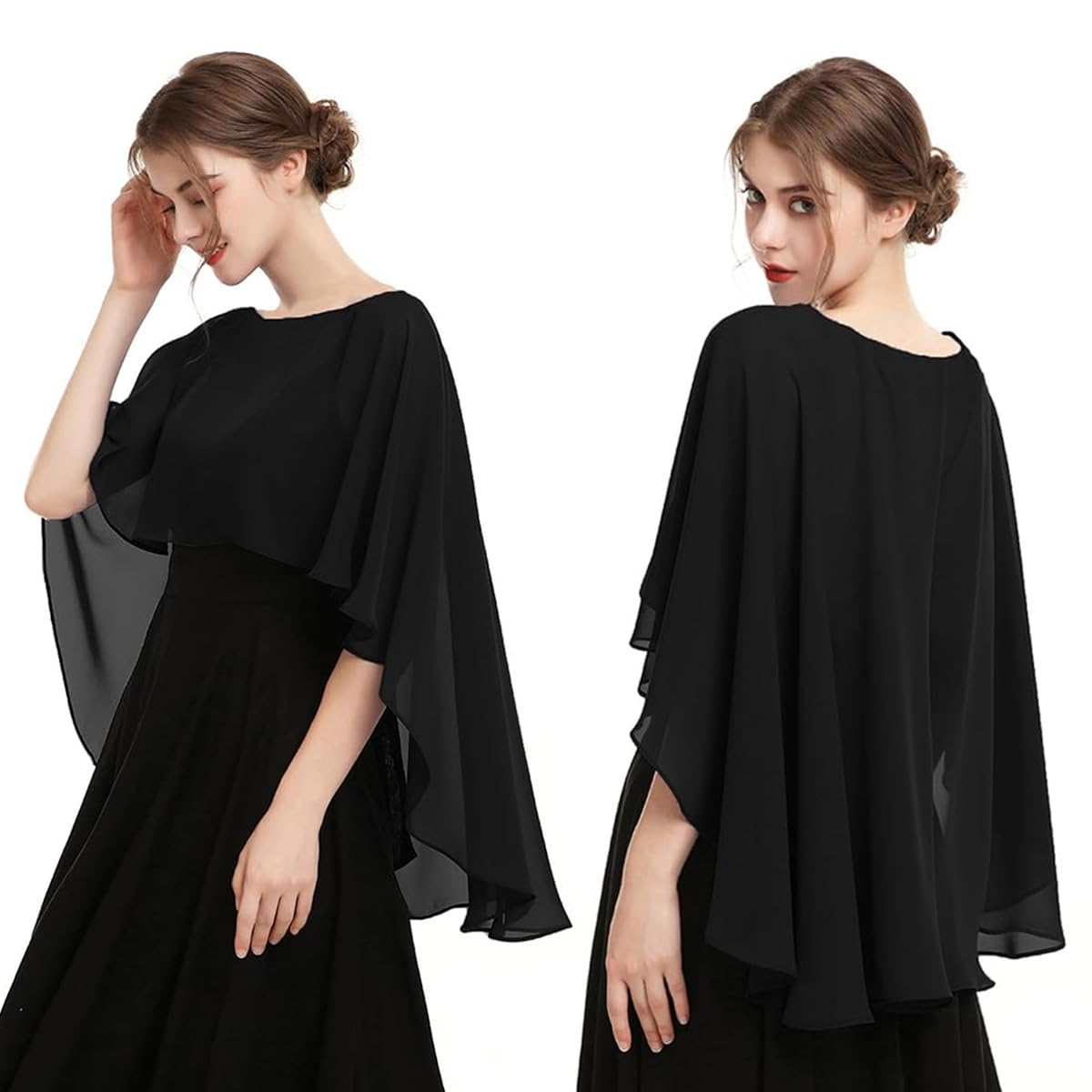 Venzina Chiffon Shawl Wrap for Evening Dresses with 11.8–27.5 in Coverage | Black Capelet