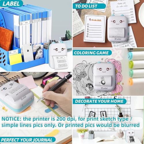 Zeitel® Mini Bluetooth Thermal Printer Portable Label Inkfree for Android and iOS System Black on White with 13 Roll Print Paper Stickers Blue 2 PCS