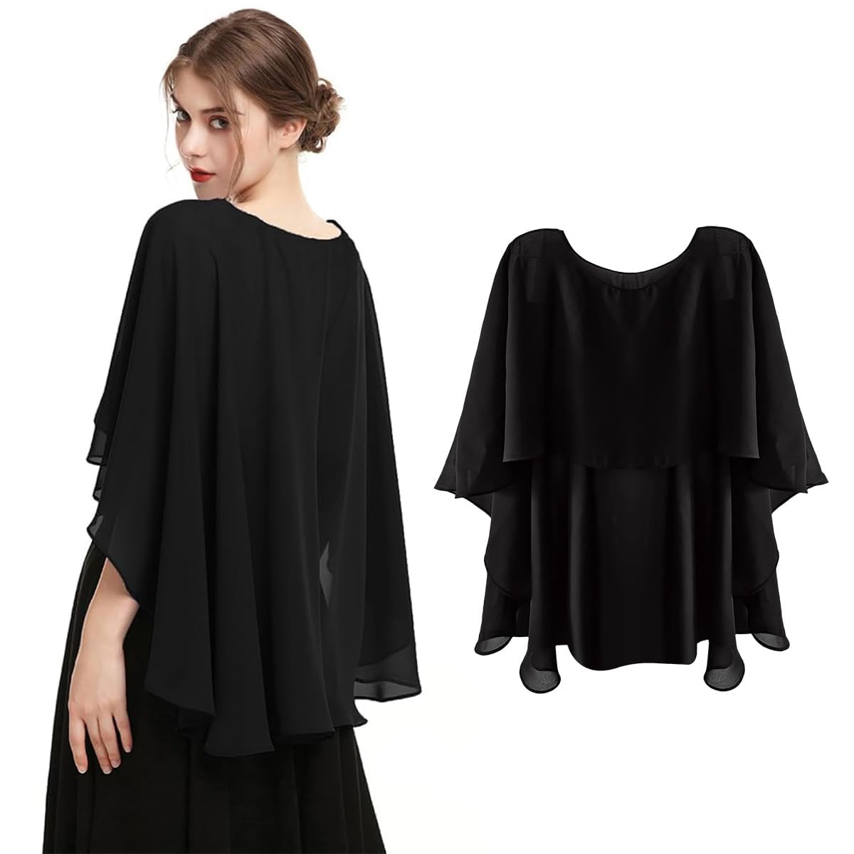Venzina Chiffon Shawl Wrap for Evening Dresses with 11.8–27.5 in Coverage | Black Capelet