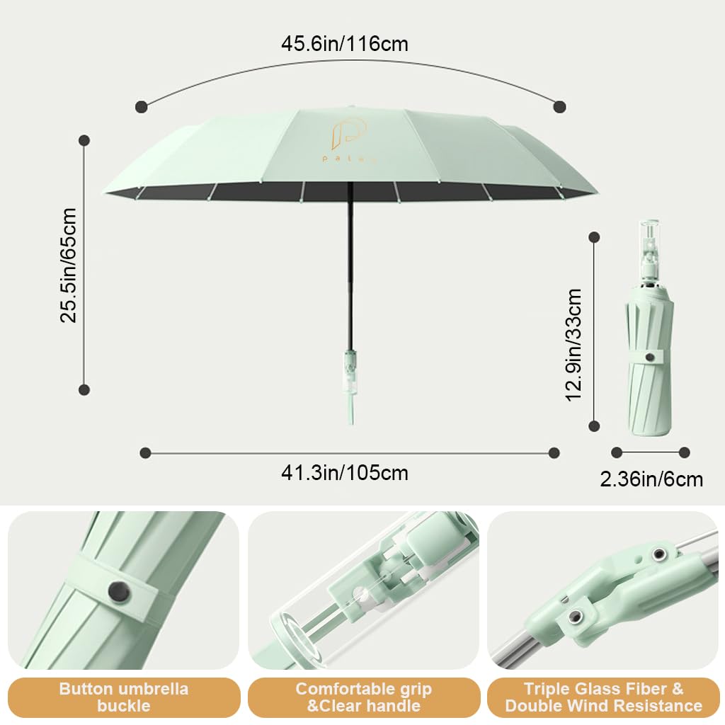 PALAY UV Umbrella for Rain and Sun Protection with 23 in Canopy and 12 Fiberglass Ribs | Compact Green Travel Design