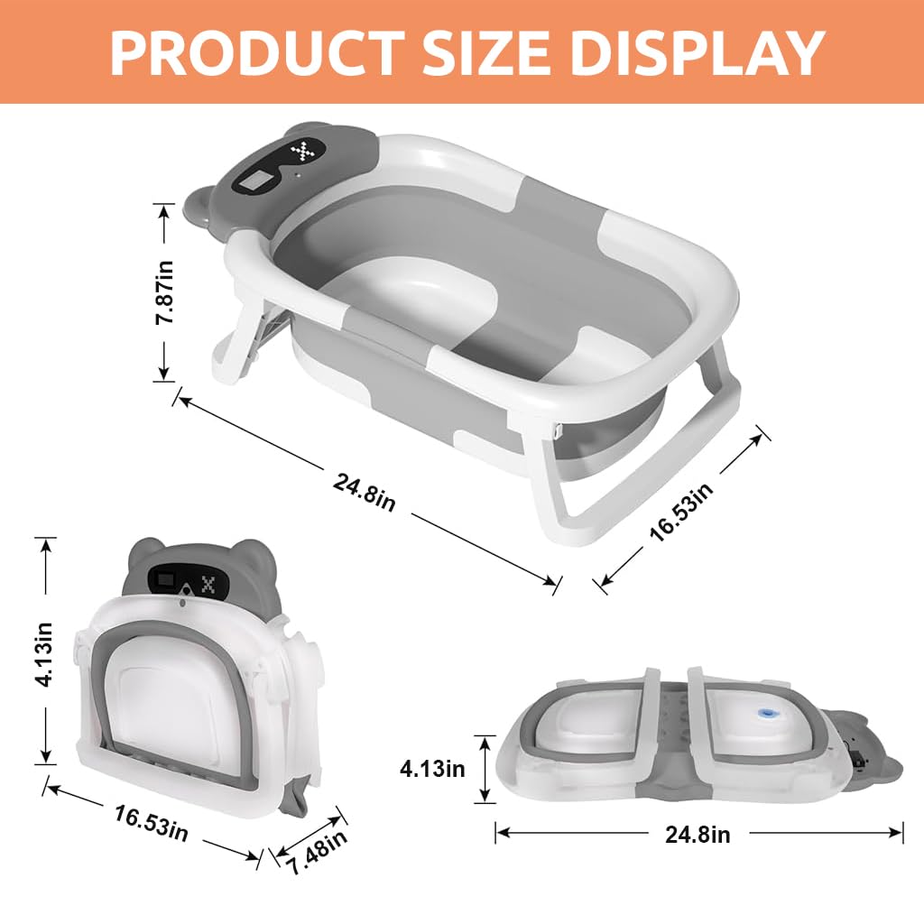 SNOWIE SOFT Baby Bathtub for Newborns with 60.5x43x20.5cm Size and Digital Temp Display | Folding Grey Bath Tub