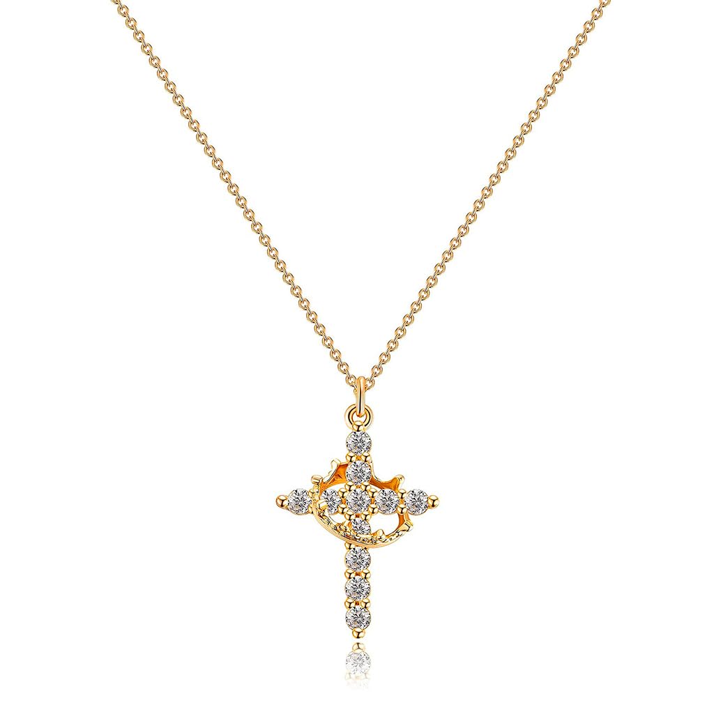 SANNIDHI Chic Cross Necklace Golden Stainless Steel Shining Cross Necklace Fashion Crown Rhinestone Cross Necklace Jewelry Gift for for Men Women