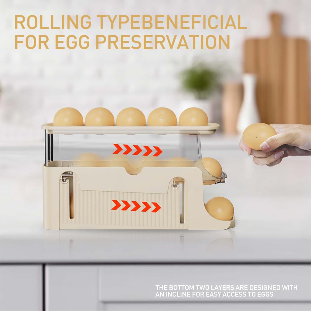 HASTHIP Kitchen Egg Holder for Refrigerator with 3 Layers 28x8.5x15cm and Auto Rolling Design