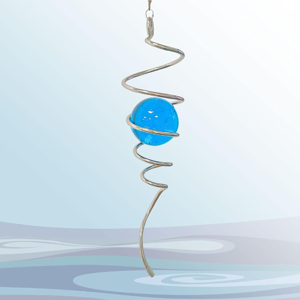 HASTHIP® Hanging Spiral Wind Tail Blue Glass Ball Hanging Decor Stainless Steel Spiral Tail Decor Dangling Decoration with Hook Garden Balcony Room Decor Home Gift