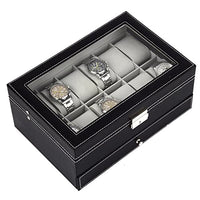 HASTHIP® 12 Slot Black Lockable Watch Storage Box, Men & Women Jewelry Display Drawer Case, 2-Tier Watch Case with Glass Lid & Metal Lock for Sunglasses Rings Watch Jewelry (No Watch)