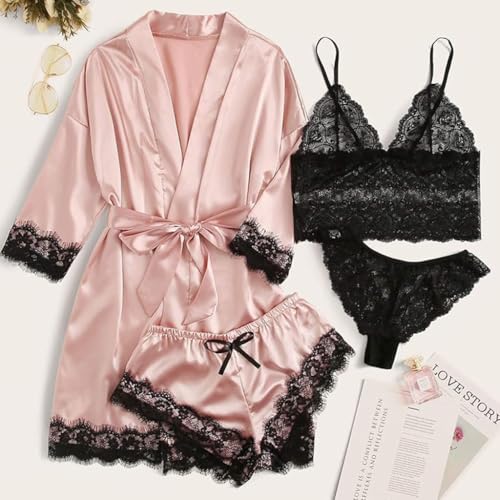 PALAY® Women Lingerie Underwear Suit Set of 8PCS Silk Lace Longsleeve Robe Black Bra Thong M