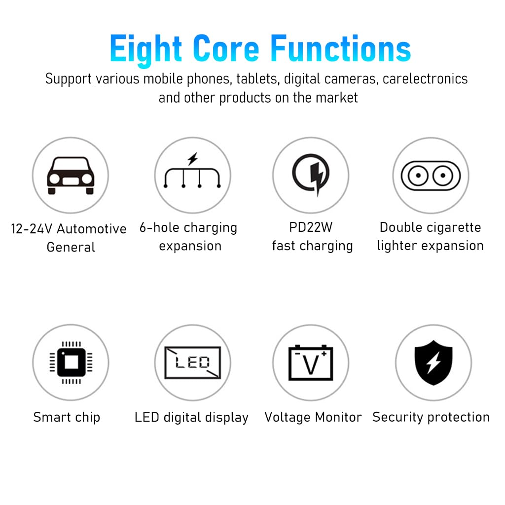 STHIRA Car Charger, 60W Cigarette Lighter Splitter with PD 22W Type-C, QC USB Ports, 12V/24V Car Charger Car Lighter Adapter with LED Voltage Display Car Charger Fast Charging for GPS Phone