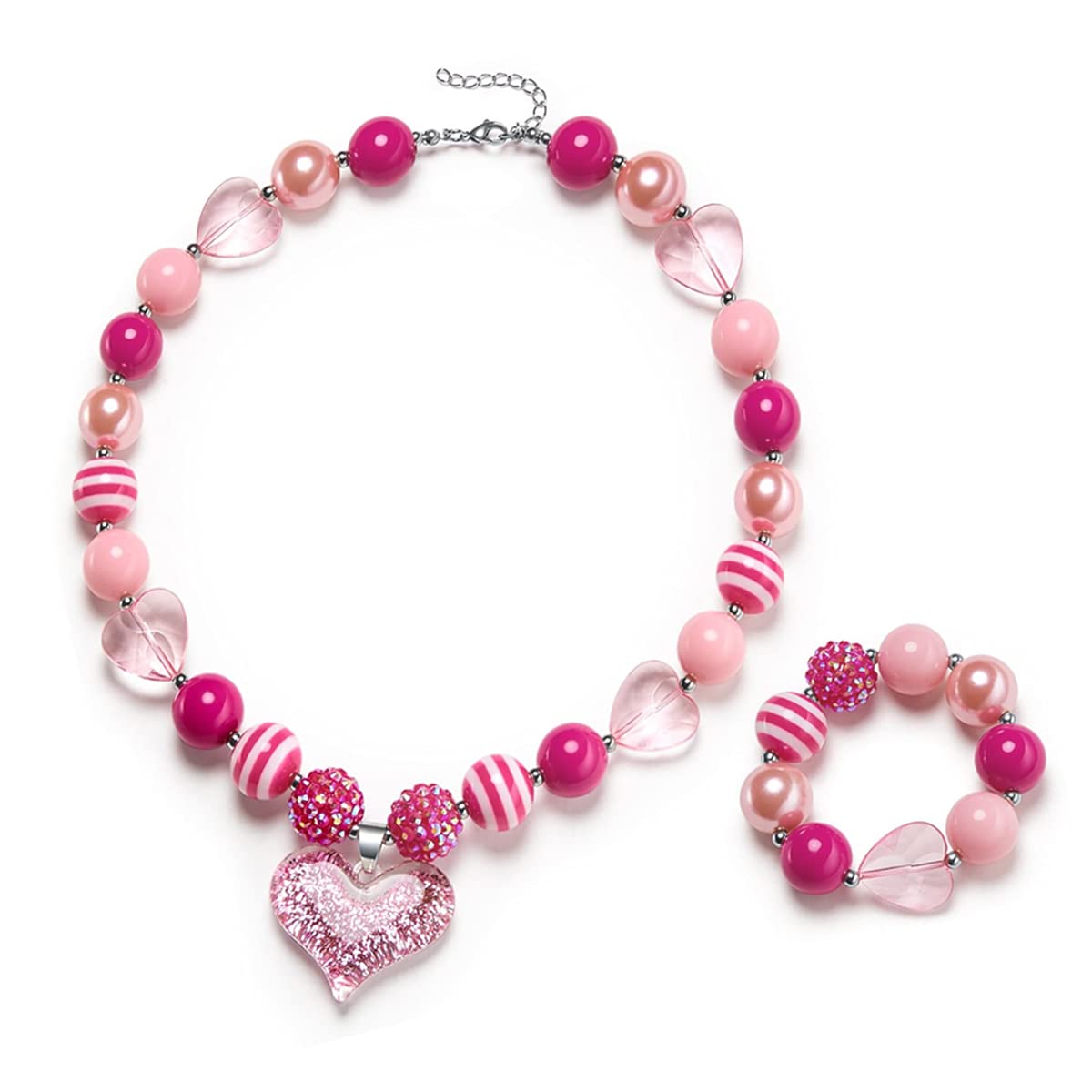 SANNIDHI Necklace Bracelet Set for Girls with 36cm Necklace & Heart Charm Beads | Pink Jewelry Gift