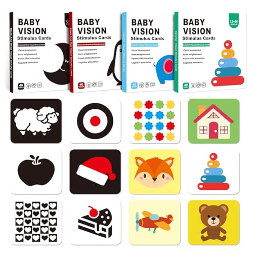 PATPAT® 4 Packs Vision Stimulus Flash Cards for Infants & Toddlers 0-36 Months High-contrast Black-and-White Vision Cards Black, White & Red Cards Vision Cards for Baby Early Visual Development, 80Pcs