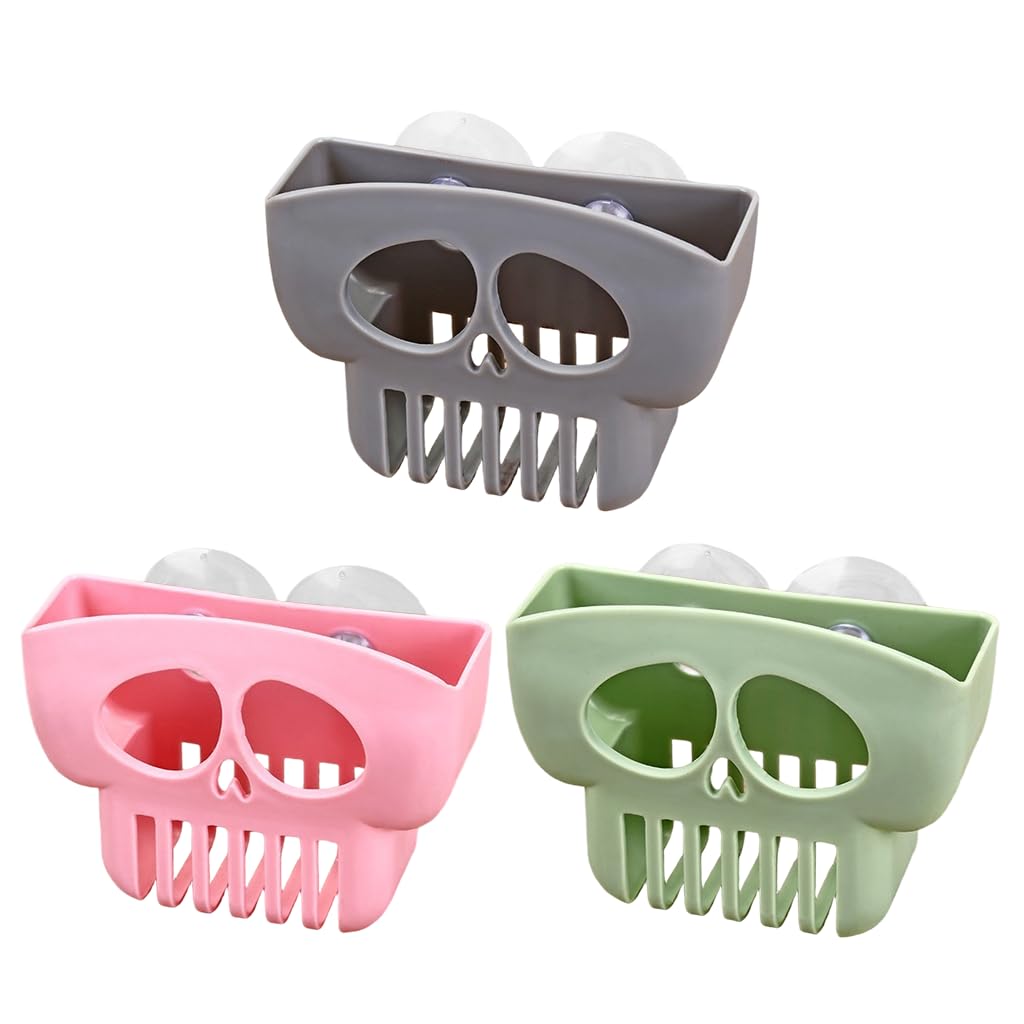ZIBUYU Kitchen Sink Sponge Holder 3Pcs Set with Suction Cup featuring Skull Face PP Design