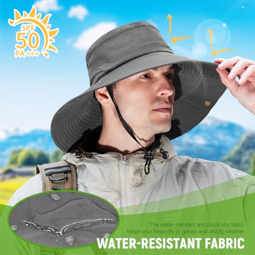 Proberos® UPF50+ Sun Hat With Breathable Mesh, Wide Brim 12CM, Quick Dry Lightweight Fishing Hiking Travel Hat For Men Women Outdoor With Chin Strap, Foldable Sun Protection Hat, Grey 2 PCS