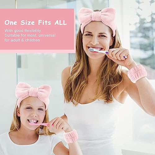 MAYCREATE® Face Wash Headband & Wristband Set, Soft Stretchy Bowknot Headband for Women Girls, Flannel Super Absorbent Sweat Wrist Towel Band for Washing Face, Makeup, Yoga, Fitness (Pink)