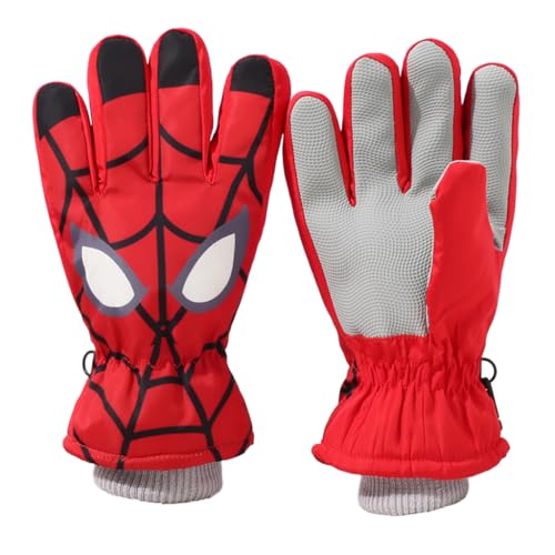PATPAT® Winter Gloves for Kids Warm Ski Gloves Thicken Warm Fleece Lining Waterproof Winter Gloves for Kids 8-12 Years Old, Red Cartoon Printed Outdoor Warm Gloves for Boys & Girls