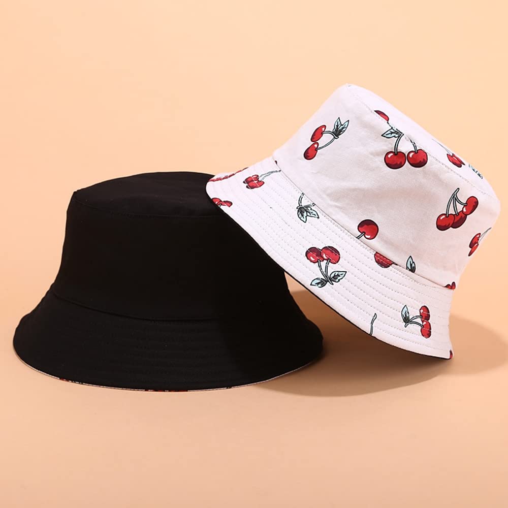 PALAY Bucket Hat for Women Cotton with Cherry Print Reversible Summer Sun Fisherman Outdoor Cap Beach Hat for Girls Teens