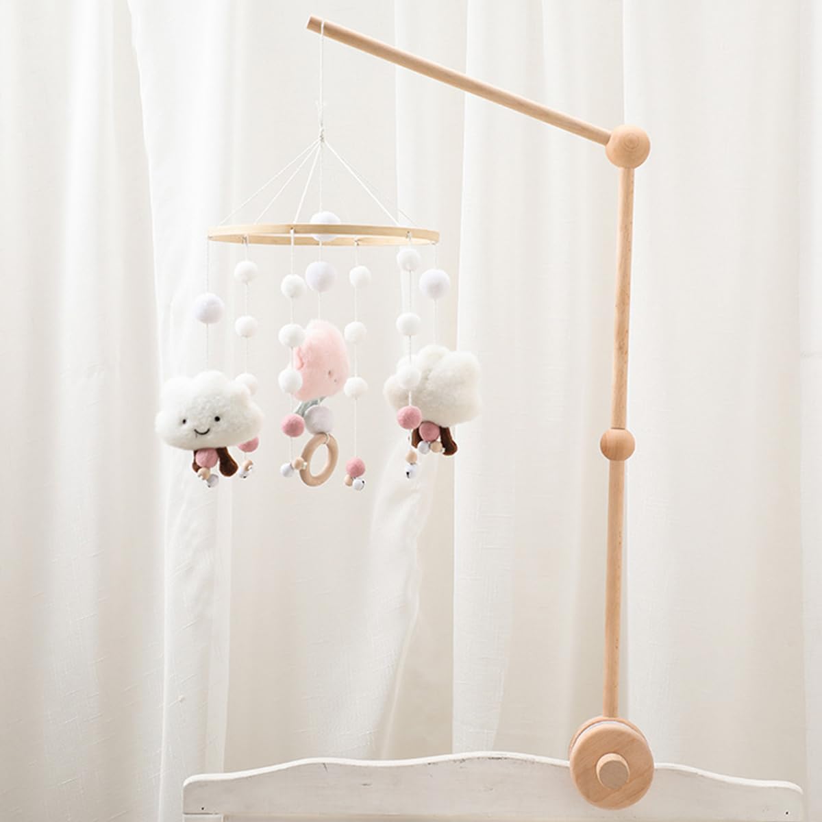 SNOWIE SOFT Wooden Crib Mobile Arm with 360° Rotatable Holder and Screw-Fix Base | Natural Wood Finish for Nursery