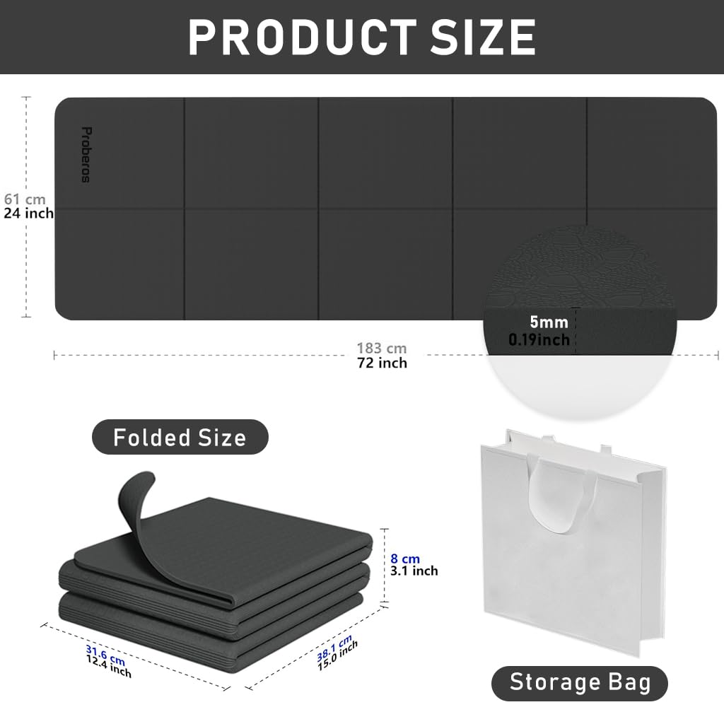 Proberos Folding Yoga Mat for Home Workouts with 5mm Cushioning and TPE Anti-Slip Surface | 72x24 Inches Black