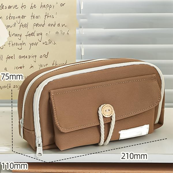 Zibuyu Student Pencil Pouch for School and Office with Double Layer Storage 21x11x7.5cm Coffee Brown