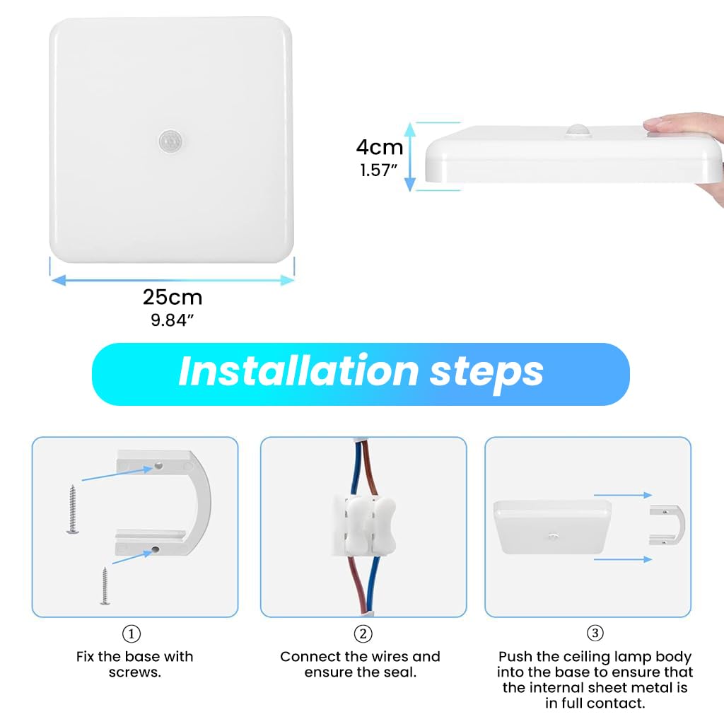 ELEPHANTBOAT® 30W LED Ceiling Light with Motion Sensor 2400LM High Brightness White Light 9.8'' Square Ceiling Light Smart Motion Sensor Ceiling Lamp for Porch, Garage, Corridors, Stairway, Balcony