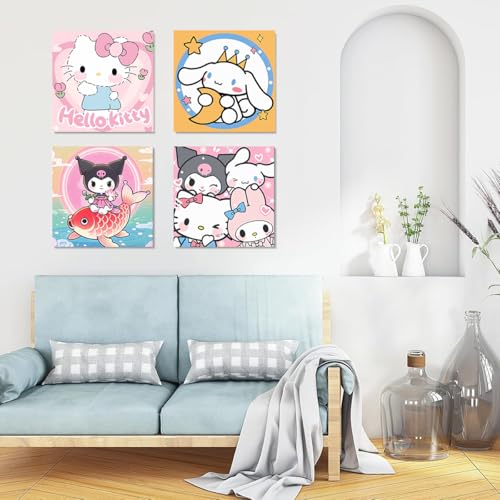 HASTHIP® Pack of 4 DIY Oil Painting Kit, Paint by Numbers with Frame, Kawaii Cartoon Oil Art Painting Wall Hanging DIY Canvas Painting with Painting Tool Kit Wall Decoration DIY Gift 7.8x7.8inch
