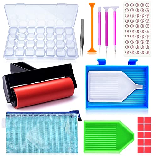 HASTHIP® 5D DIY Diamond Painting Tools and Accessories Kits with Diamond Painting Trays and 4 Pens, Diamond Roller, 28-Grids Diamond Organizer, Diamond Art Painting Tool Kit (Without Diamonds)