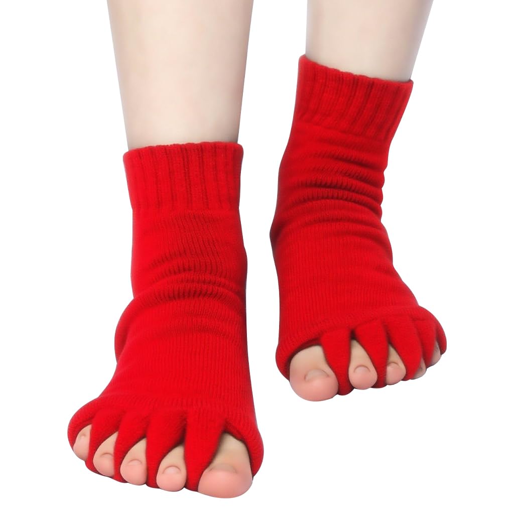Zibuyu Toe Separator Socks for Yoga and Sports featuring Ergonomic Toe Dividers | Breathable Cotton Red Design for Men and Women