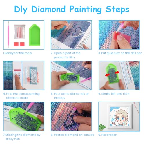 PATPAT® DIY Diamond Painting Wall Decor Frozen Princess Elsa Diamond Art Painting Kit with Color Diamond Packs, Diamond Pick Up Pen, Glue Clay, Diamond Tray, 7.2''*7.2'', With Frame