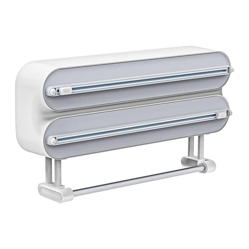 HASTHIP Magnetic Food Wrap Dispenser with Dual Hidden Blades and Sliding Cutter | White 3 in 1 Foil Paper Holder for Cling Film Tin Foil and Wax Paper