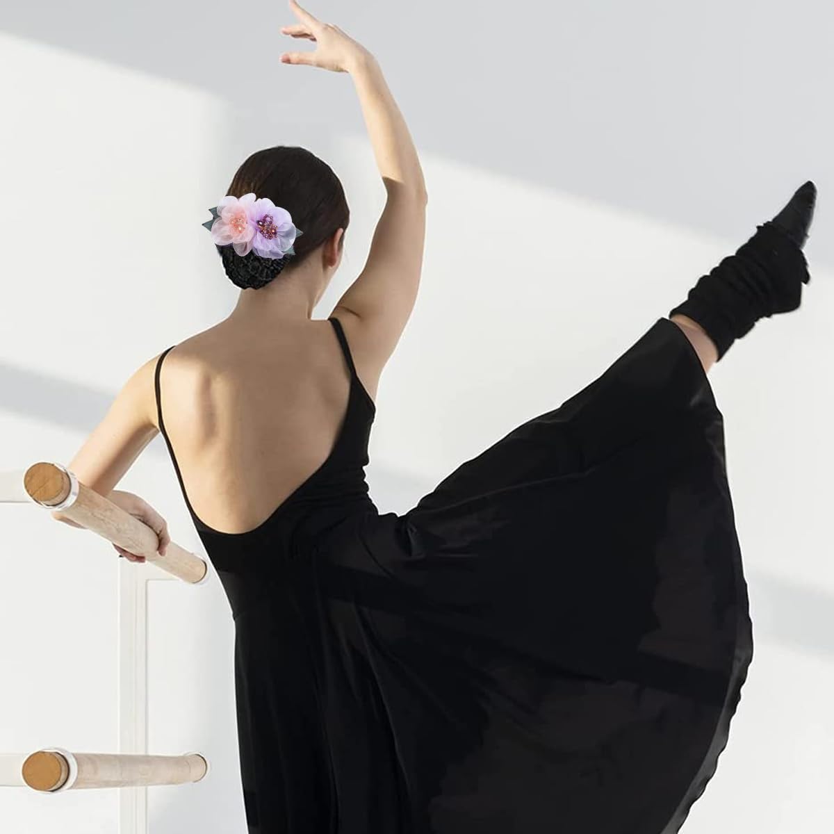 MAYCREATE Hair Bun Net Clip for Dancer and Nurse with Alloy Spring Clip and Fabric Flower | 2pcs Set