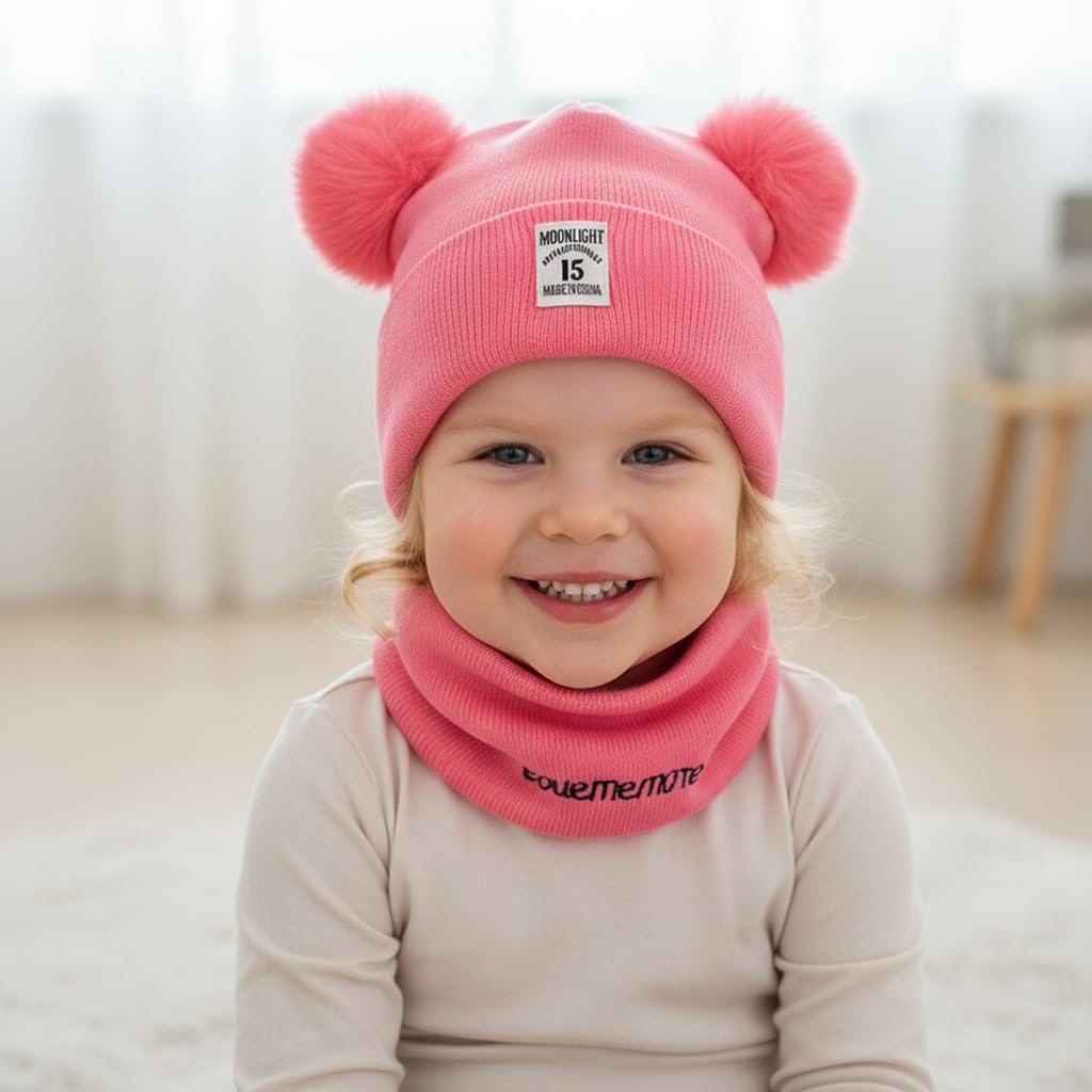 Zibuyu Knitted Baby Deer Antler Hat for 3–24 Months with Chin Strap and Soft Wool | Pink Winter Beret