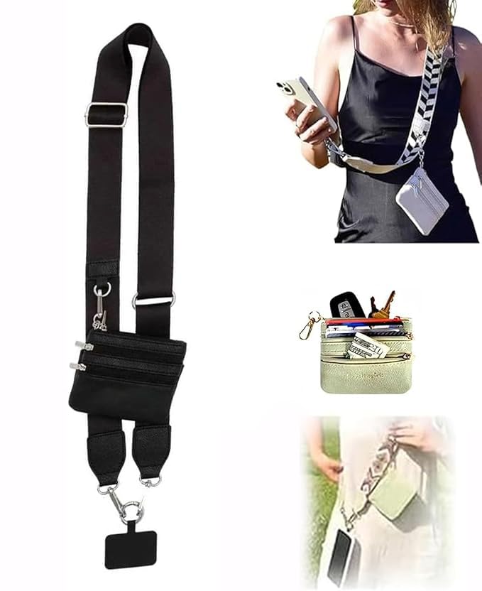 ZORBES Phone Strap with Zippered Pouch, Clip and Go Strap for Phone with Wallet Crossbody, Fashion 2 in 1 Phone Sling Bag Multi Purpose Phone Sling Travel Cash Bag Beach Wear Accessory Bag