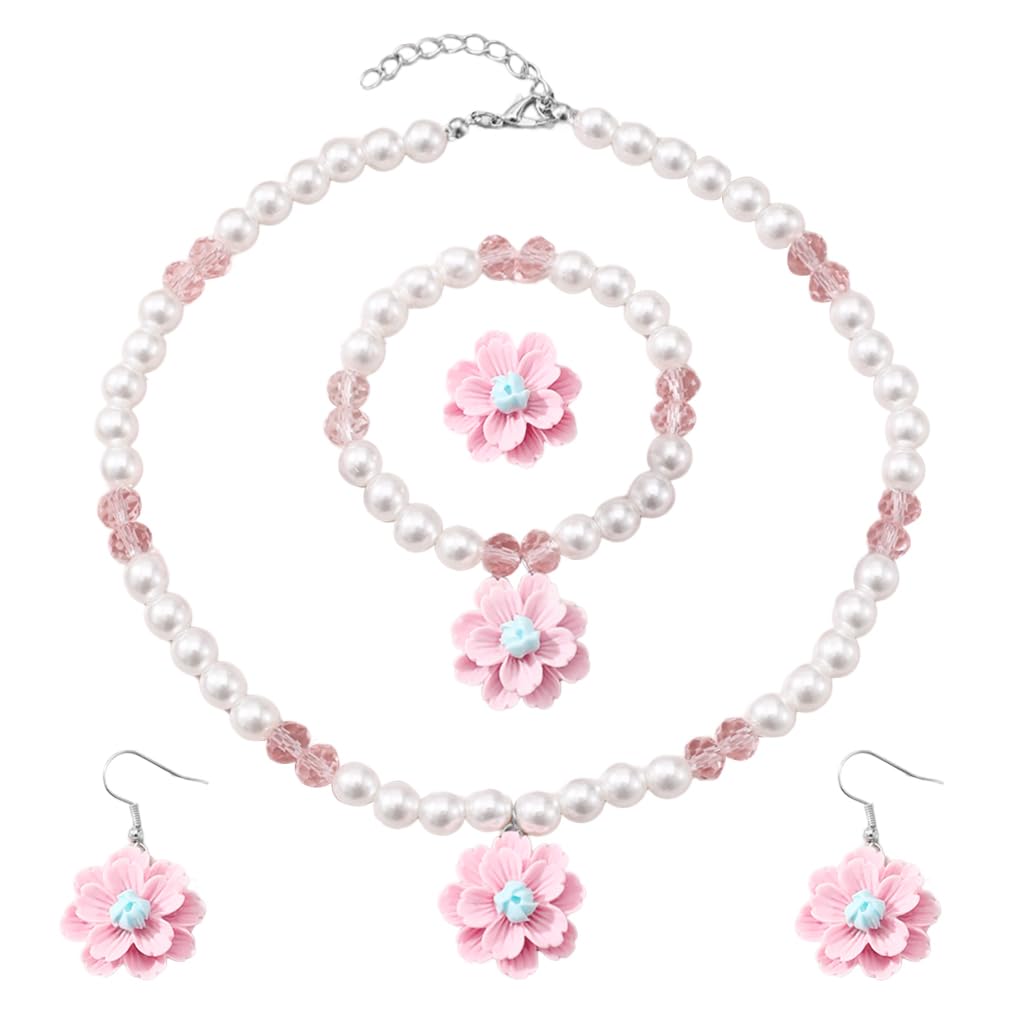 SNOWIE SOFT® Jewellery Set For Girls, Cute Flower Pearl Princess Kids Jewelry For Girls 4pcs Kids Jewelry Set Include Necklace Bracelet Earrings And Rings -Ideal Gift Set For Girls Birthdays & Parties