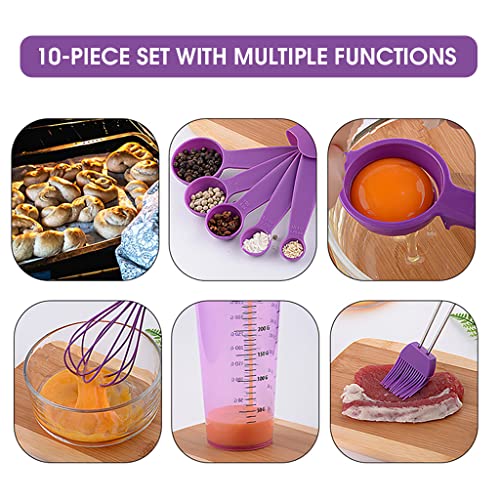 HASTHIP® 10Pcs Measuring Spoons Cups Silicone Kitchen Utensils Spoon Set, Include Egg Strainer, Oil Brush, Scraper, Egg Beater, Silicone Cooking & Baking Tool, BPA-Free, Dishwasher Safe (Purple)