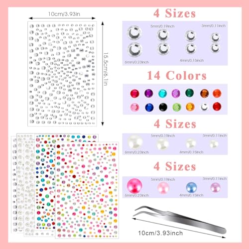 MAYCREATE® 6 Sheets Face Gems Rhinestones Pearl Stickers with Tweezer, Self Adhesive Face Jewels Sticker, Glitter Color Festival Hair Gems for Makeup, DIY Crafts, Nail Art, Scrapbooking