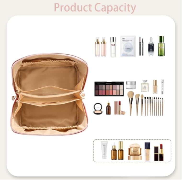 ZIBUYU Large Capacity Cosmetic Bag for Travel with 6 Compartments and Flat Open Design | Pink