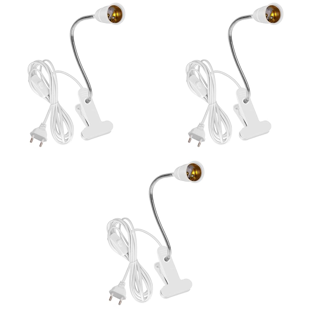 ELEPHANTBOAT E27 Clamp Light Holder with 360 Flexible Gooseneck and Switch | 3PCS White